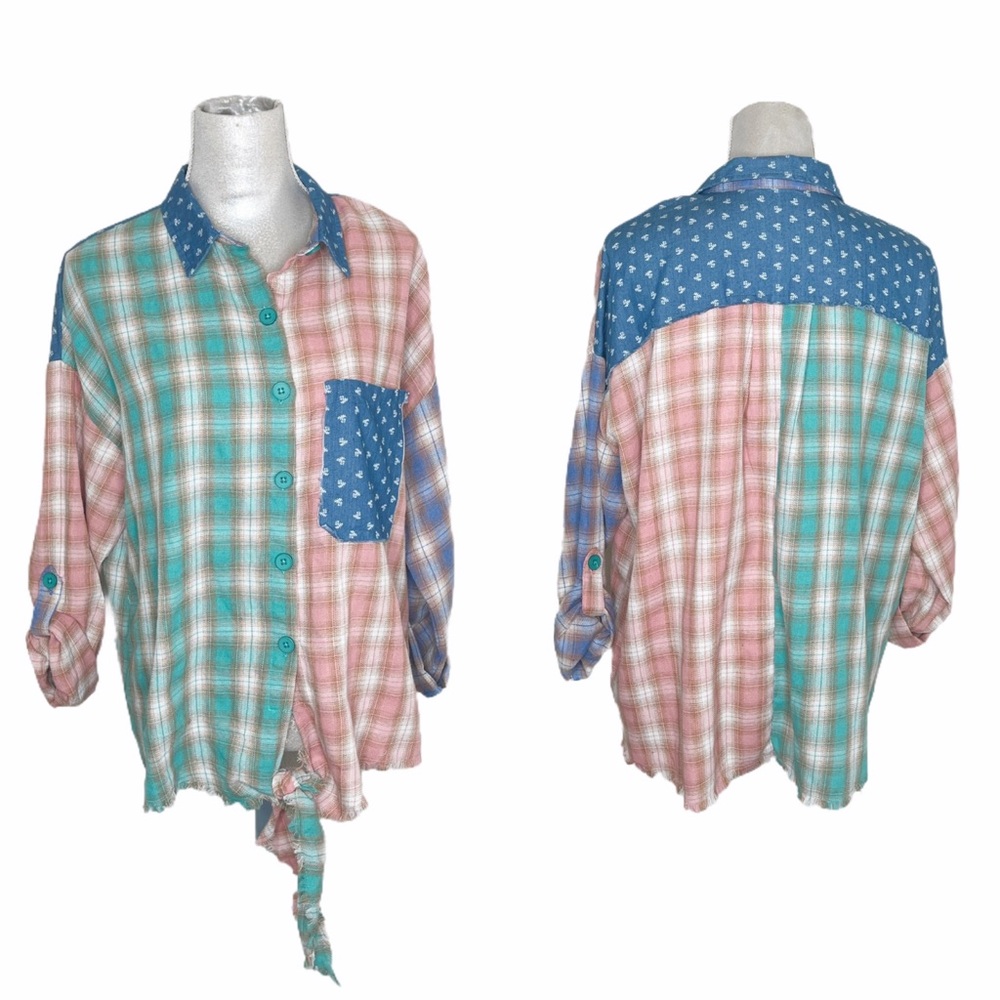 Scrap-Work Boutique Patchwork Plaid Button Shirt L - image 1